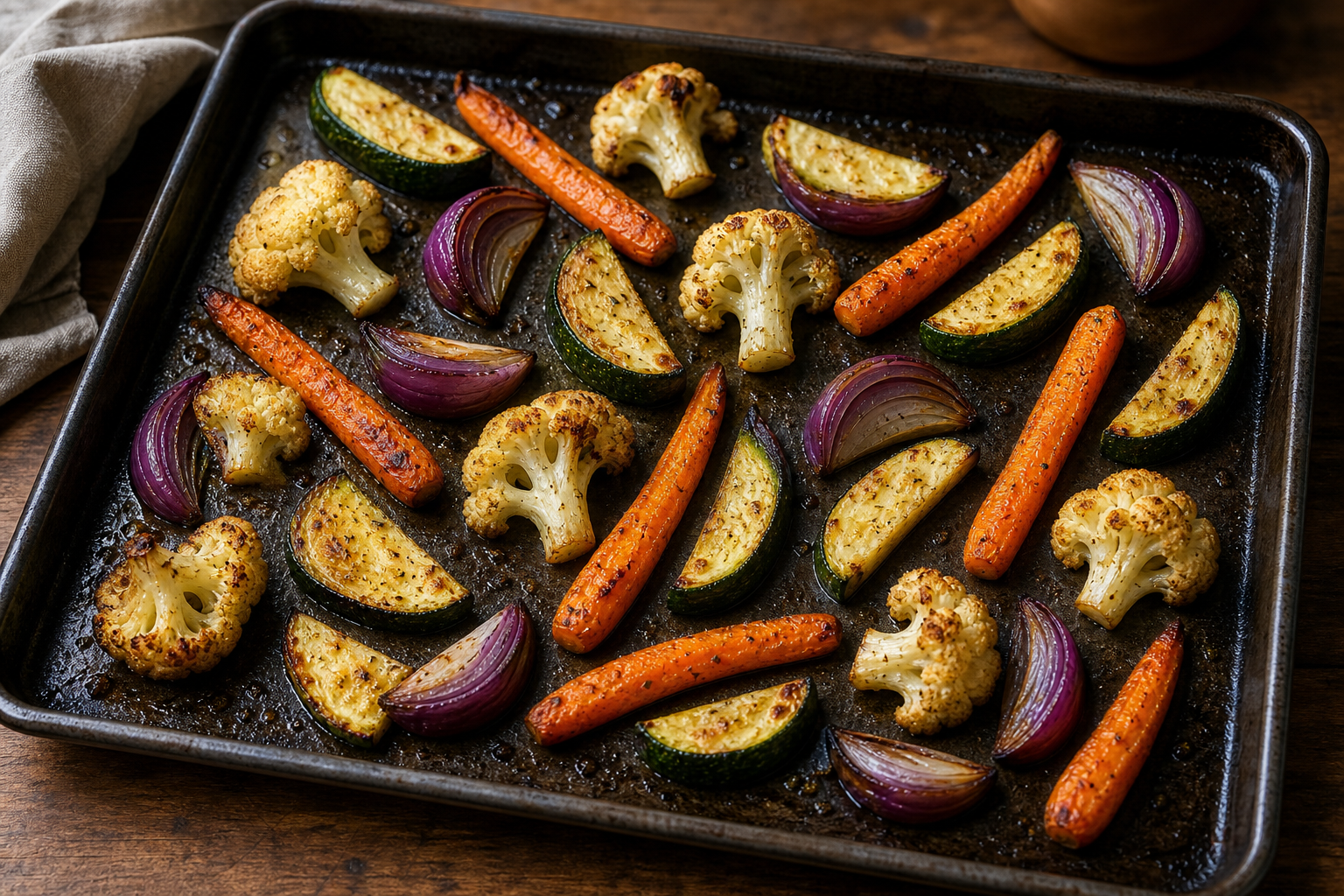 Geroosterde wortel, bloemkool, courgette en rode ui verspreid over een bakplaat