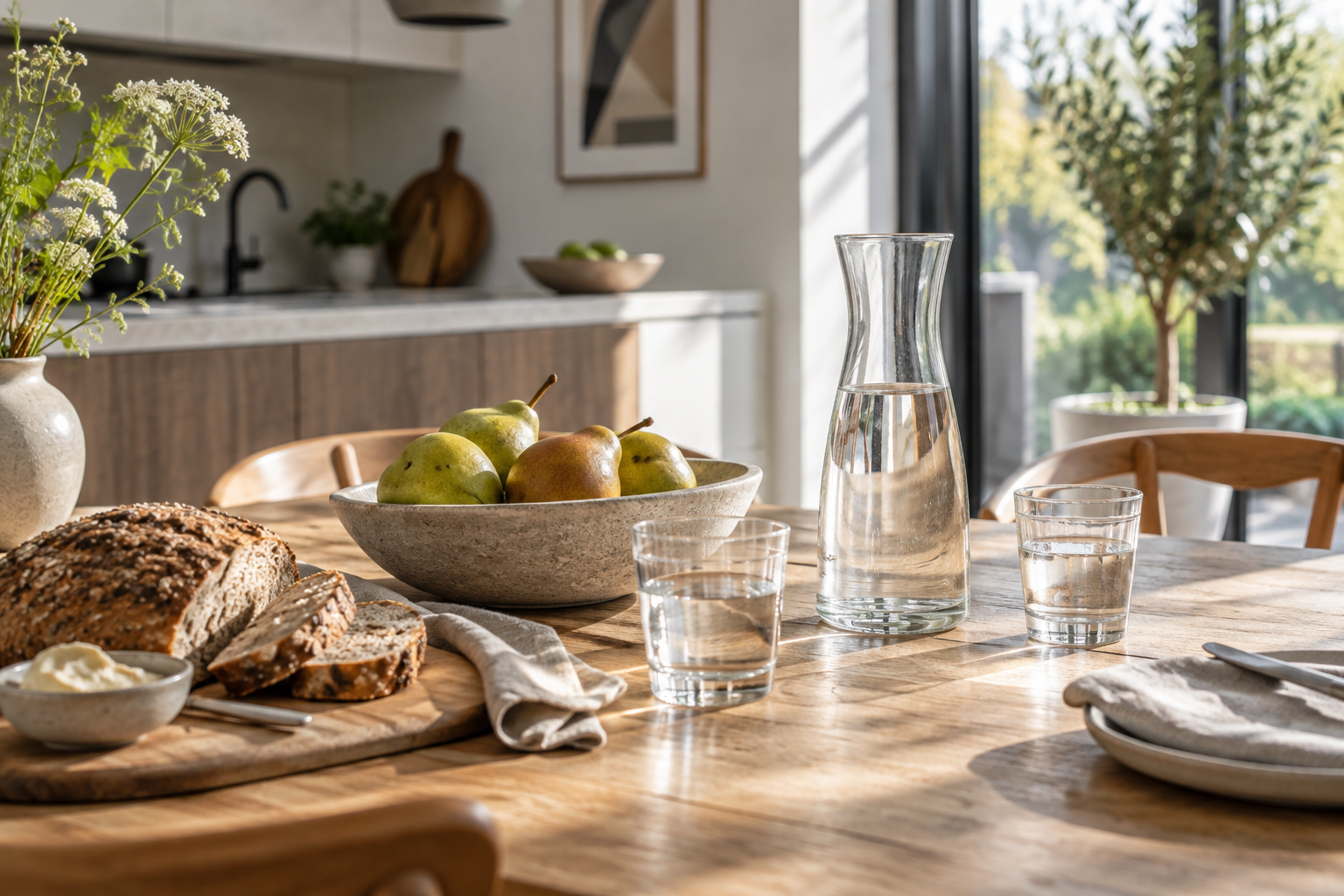 Karaf water en glazen op een ontbijttafel